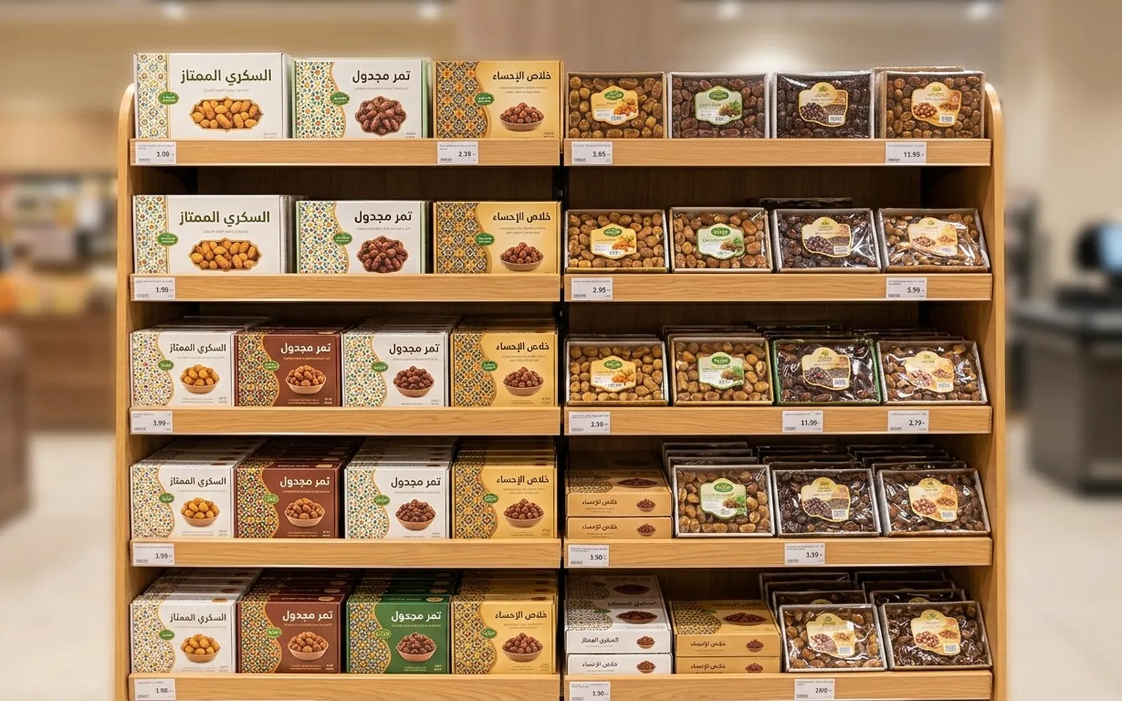 رف خشبي في السوبرماركت مرتب بعلب التمور السعودية بأنواعها: سكري وخلاص الأحساء ومجدول، مع بطاقات الأسعار