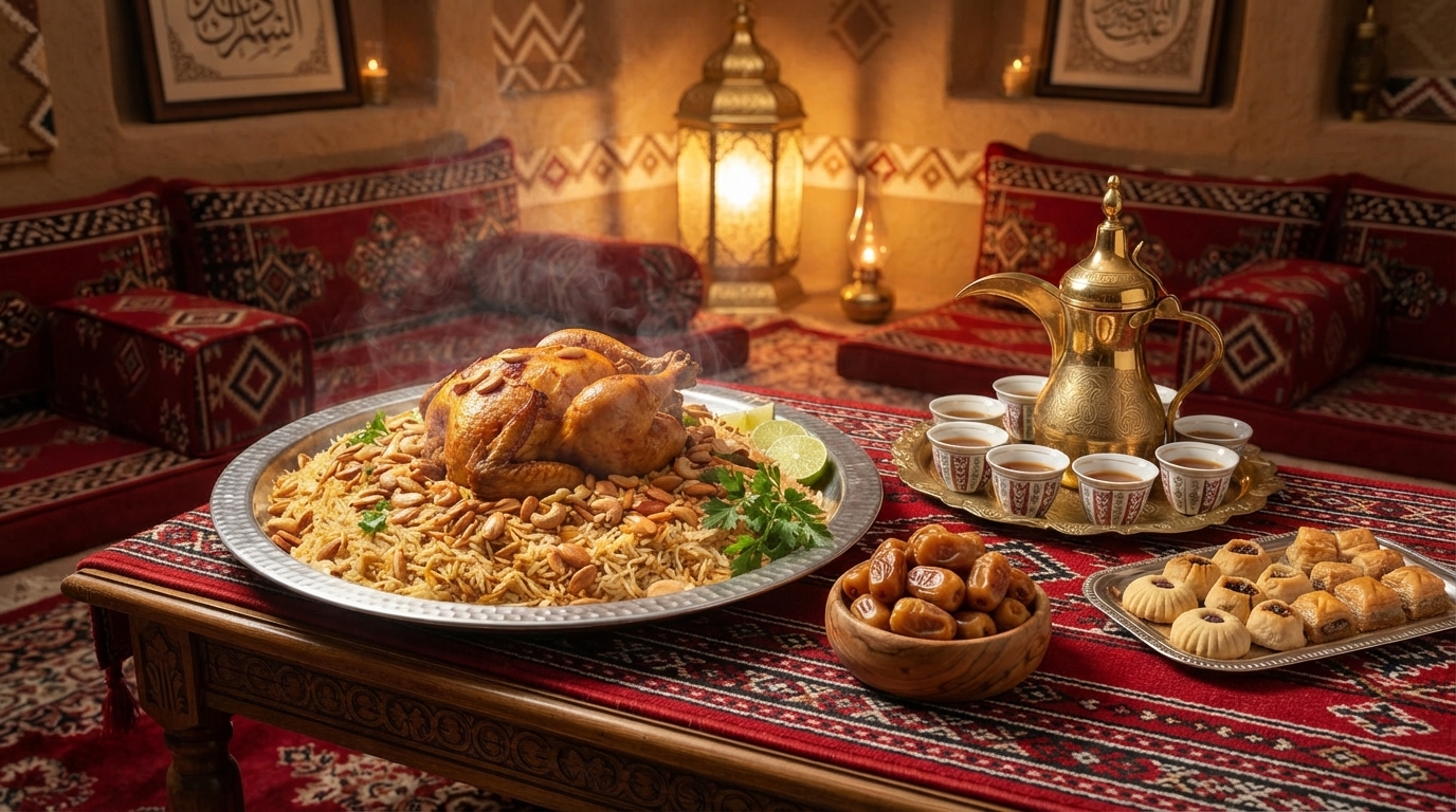 ضيافة سعودية في المجلس مع الكبسة والقهوة والتمر